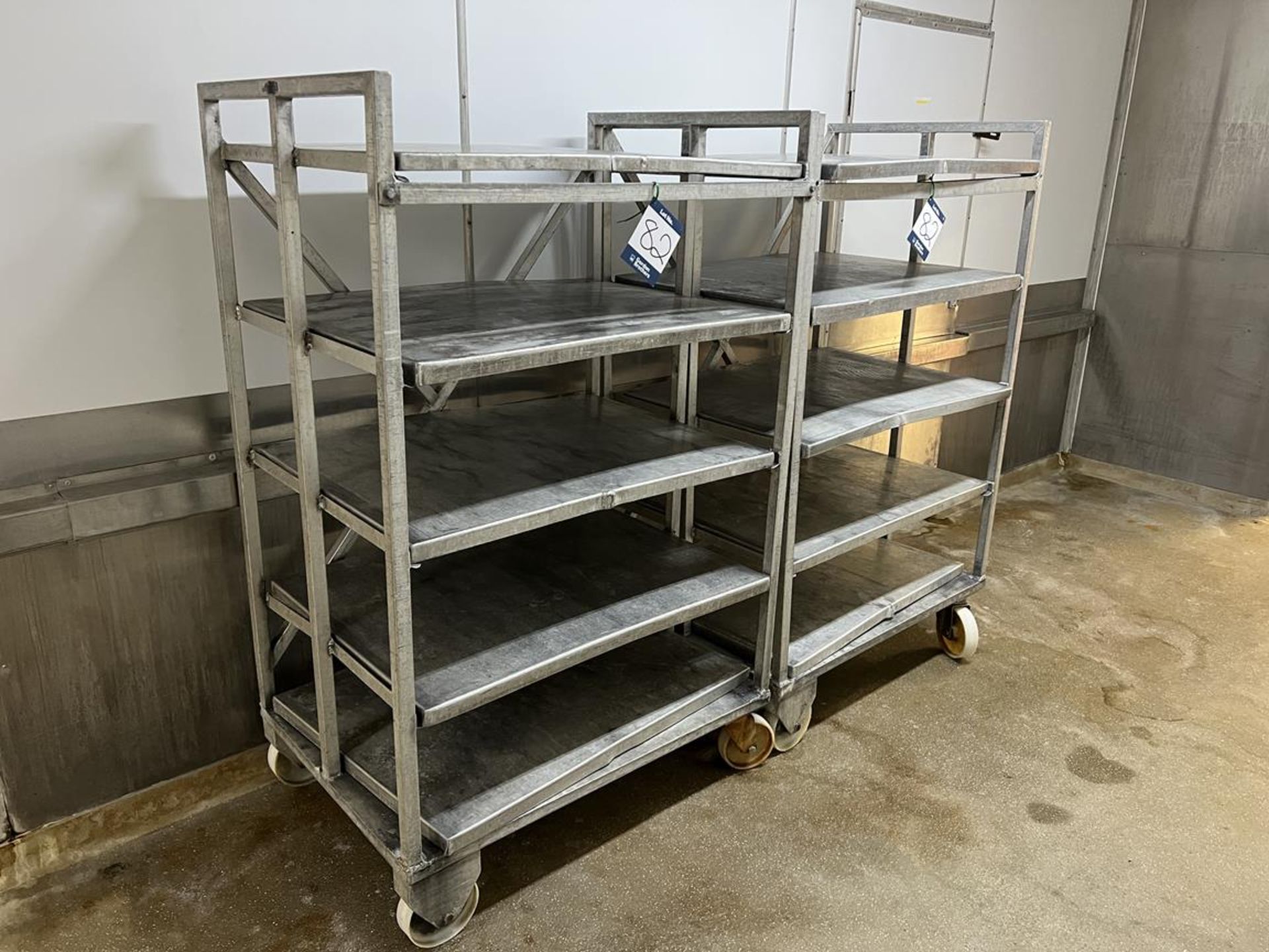2x (no.) Aluminium five tier storage racks with trays, c. 750mm(W) x 950mm (L) x 1640mm (H)