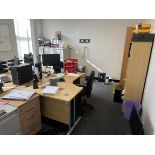 Furniture contents of the main office to include 3x L-shaped laminate desks, whiteboard, steel