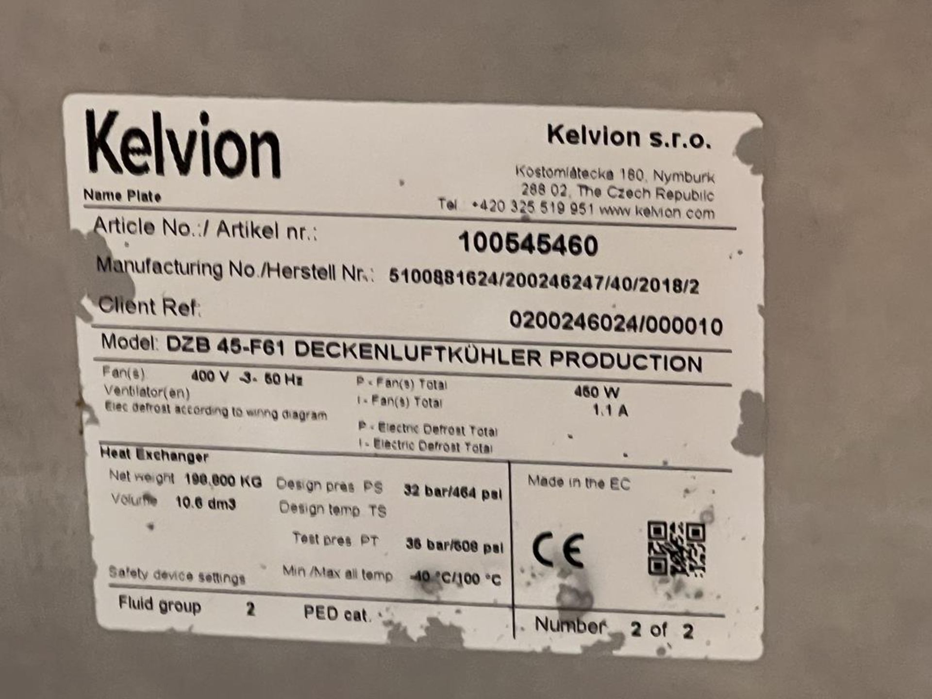 2x (no.) Kelvion, DZB45 F61 Deckenluftkodler single fan condenser units, Serial No. 5100881624/ - Image 6 of 7