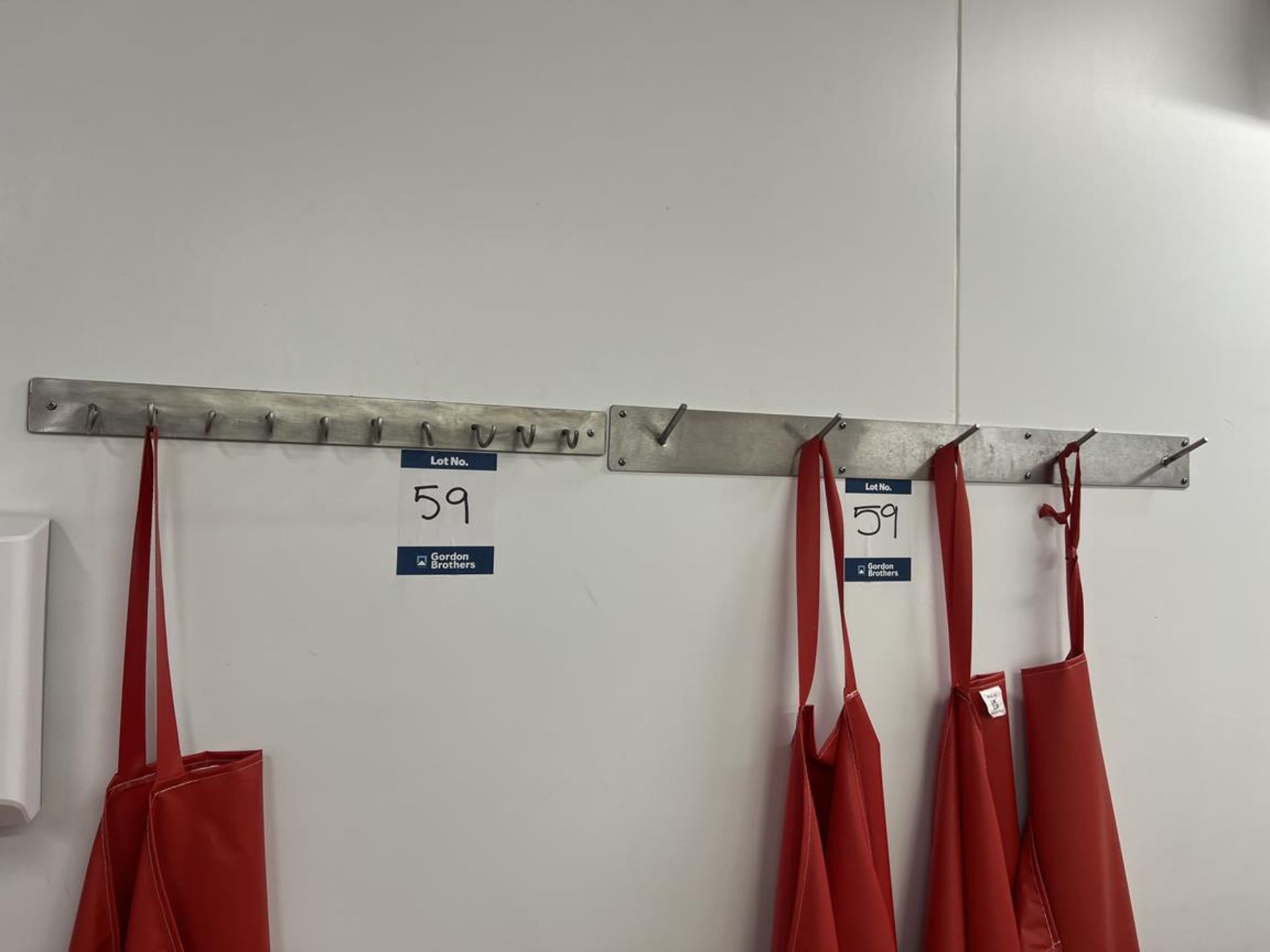 4x (no.) stainless steel wall mounted apron hangers including 2x stainless steel disposable glove