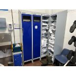 Knee operated two position sink unit, 2x (no.) single door steel lockers, coat hook and Teknomek,