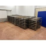 13x (no.) Six/Seven-tier stainless steel product racks on wheels, size of removable trays 1030mm (L)