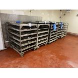 5x (no.) six/seven tier stainless steel product racks on wheels, size of removable trays 1030mm (