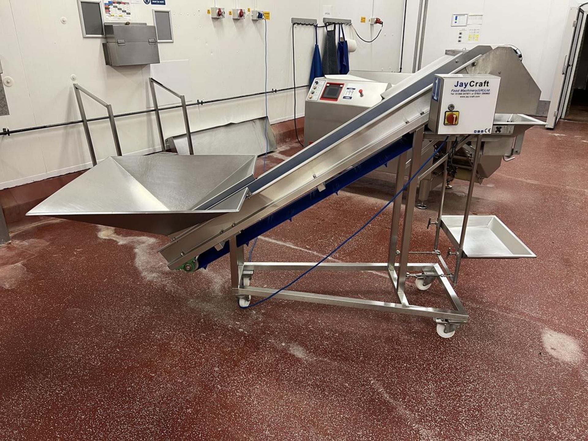 Jay Craft Food Machinery, slat bed elevated conveyor with speed controller, hopper 1000 x 1000,