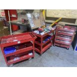 Clarke multi drawer toolbox( damaged ) and two mobile work trolleys