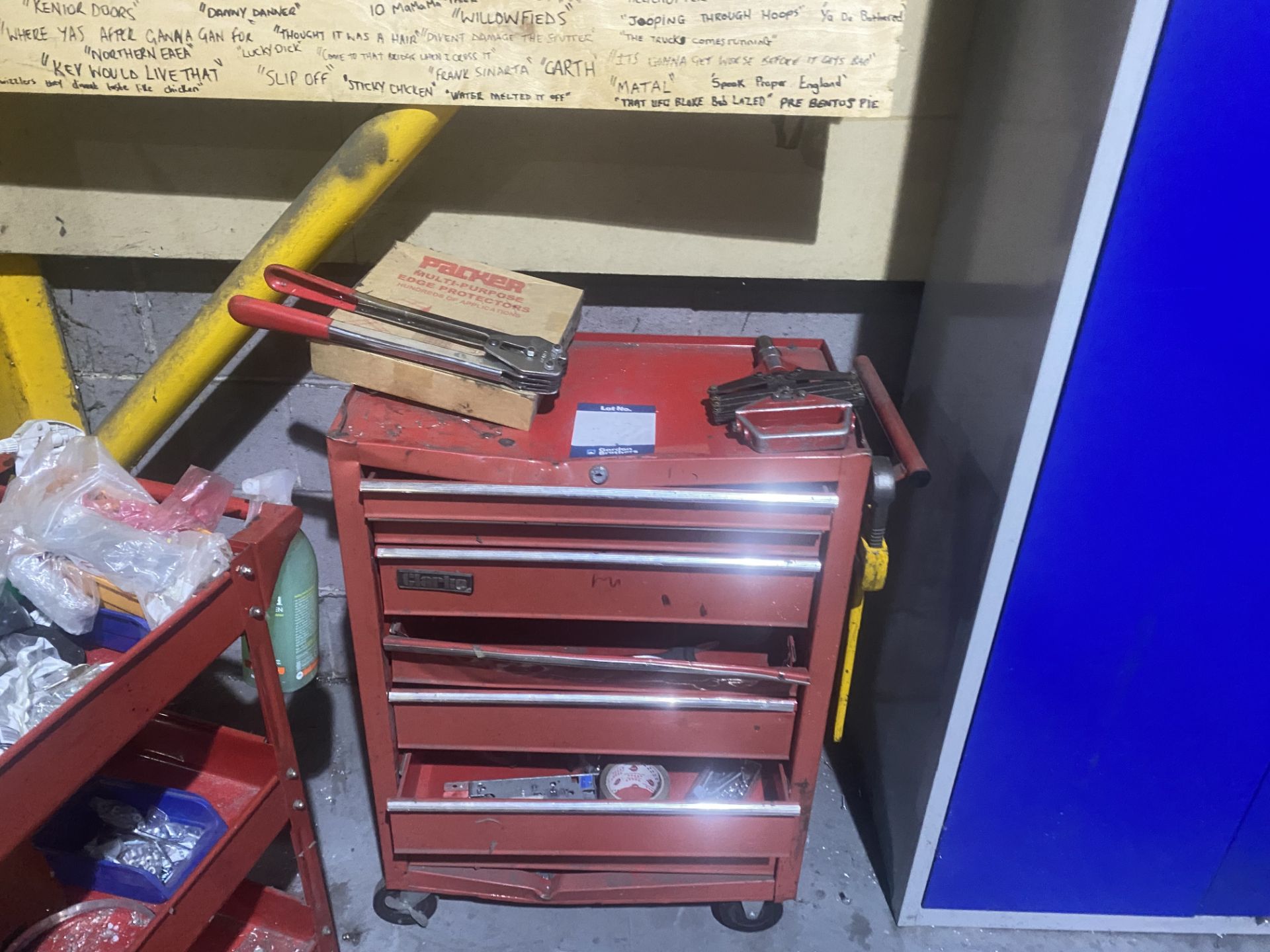 Clarke multi drawer toolbox( damaged ) and two mobile work trolleys - Image 4 of 4