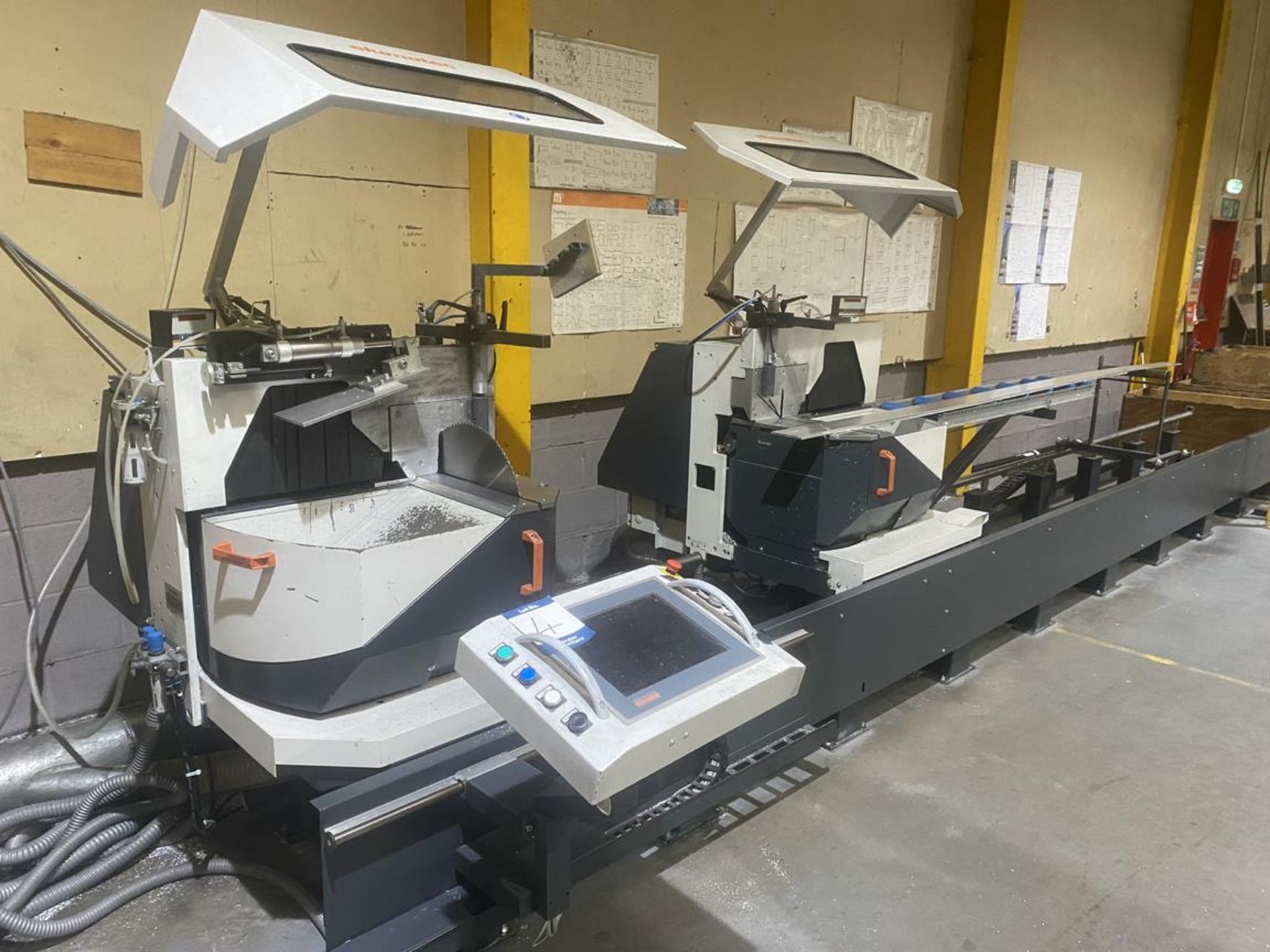 Elumatec Model DG104-E580-1 double mitre saw, Serial No1040099308, (2017) 6m bed capacity complete