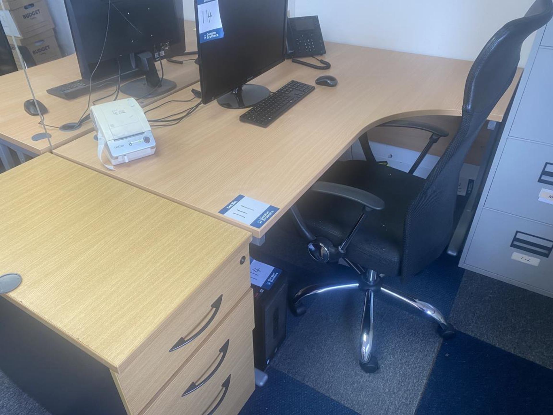 Office pod comprising 2 No radiused workstations, 2 highback operators chairs and 3 drawer