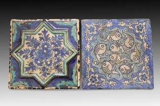 A Pair of Qajar Style Ceramic Tiles. Length: Approximately 19.5cm Height: Approximately 19.5cm