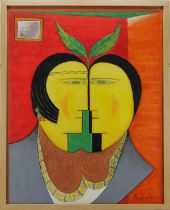 A painting of Adam & Eve by Ahmad Al-Azoz Iraqi Artist, depicts an Apple in the middle with Adam and