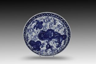 A Chinese Blue & White Porcelain Plate. The Back is Decorated with Phoenixes. Diameter: Approximate