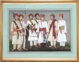 An Indian Hindu Painting of 7 Soldiers Standing with Weapons With Frame Height: Approximately 38.5c