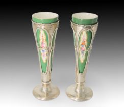 A Pair of English Birmingham Silver Vases marked in 1907 With a Porcelain Cup Inside Height: Approx