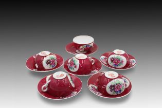 A Russian Gardner Porcelain Tea Set with a Beautiful Floral Design on a Deep Purple Background 6 Cup