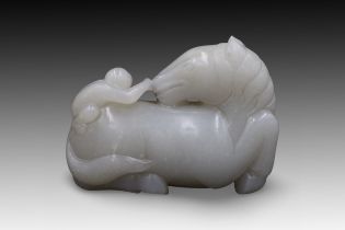 A Chinese Jade Carving of a Horse and Monkey from the 19th Century (Qing Dynasty) Height: Approxima