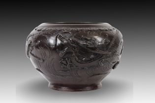 A Chinese Bronze Flower Pot with Beautiful Carvings of a Dragon & Phoenix Diameter: Approximately 1