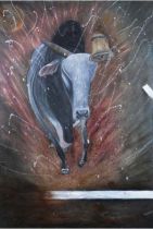 "Bull Power" - An oil painting on canvas, measuring 39" x 57.5", skilfully created by the artist Man