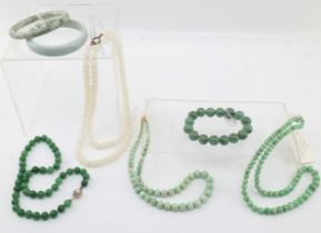 A Chinese Collection of White and Green Jade from the 19th- Early 20th Century Necklaces & Bangles &