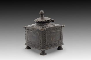 An Indian Bronze Ink Pot Height: Approximately 9.2cm Length: Approximately 7cm