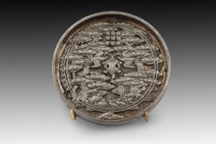 A Japanese Bronze Mirror with a Silver Design from the 18th Century (1860s-1870s) Crafted in the Mei