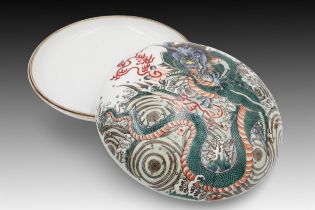 A Chinese Porcelain Handmade Powder Box with an Exquisite Dragon Pattern. Diameter: Approximately 2