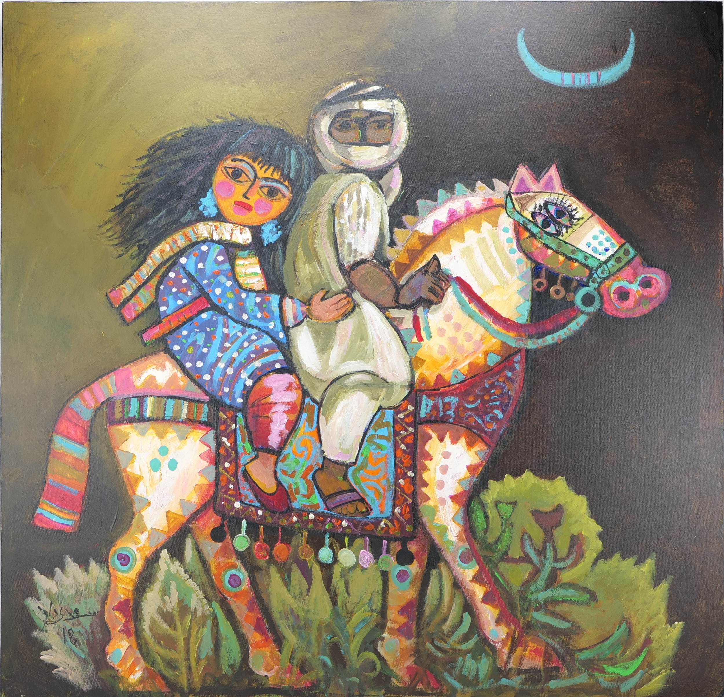 An Iraqi Oil on Canvas Painting Artist: Saadi Dawood Title: My Lover and I Size: 100x100cm Oil on Ca