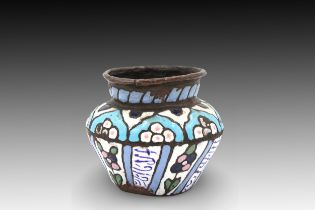 An Islamic Middle-Eastern Enamel Copper Vessel with Islamic Calligraphy Height: Approximately 9.5c