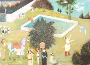 An Indian Painting of People on a Landscape with a Pool in the Middle Height: Approximately 30cm Le