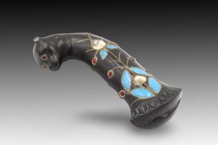 An Indian Mughal Style Black Stone Dagger Holder with a Blue and Red Floral Design on a Puma Length