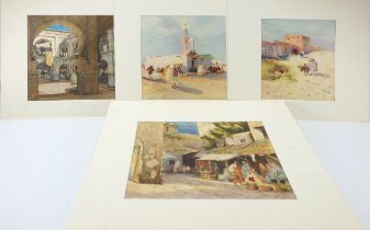 4 Middle-Eastern Paintings of Street Scenes Height: Approximately 33.4cm Length: Approximately