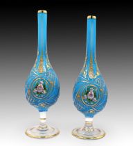 A Pair of Hand Painted Blue Glass Perfume Bottles from the Early 20th Century Length: Approximately
