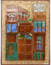 An Iraqi Painting with Frame Iraqi Baghdad Academy, Ceramic on Wood Artwork Previously at Rasheed Ho