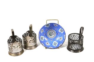 A Set of 3 Cup Holders and a Beautiful Blue Persian Enamel Bowl 1 Filigree Silver Cup Holder Diamet