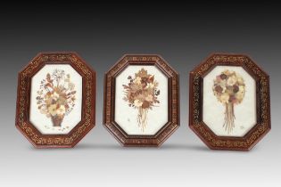 A Set of 3 Beautiful Paintings of Flowers on Wooden Frames, Pierced for Hanging Height: Approximate