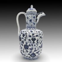 A Chinese Blue & White Watering Pot with Elegant Floral Design. Height: Approximately 40cm Diamete