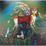 An Iraqi Oil on Canvas Painting Artist: Saadi Dawood Title: We are Fleeing Away Together Size: 100