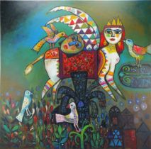 An Iraqi Oil on Canvas Painting Artist: Saadi Dawood Title: We are Fleeing Away Together Size: 100