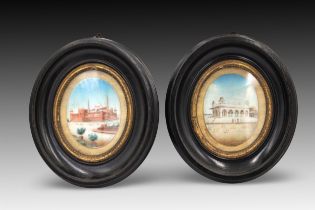 An Indian Pair of Miniature Framed Paintings from the 19th Century Diameter: Approximately 10cm and