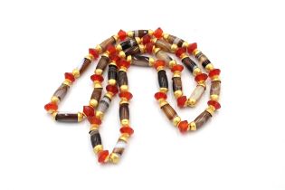 A Tibetan Agate with Red Carnelian Beads, Mounted with 24K Yellow Gold Length: Approximately 32cm