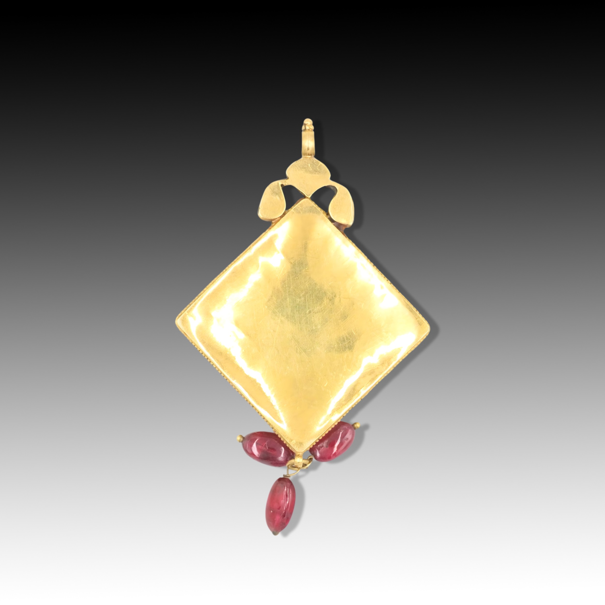 An Indian High Karat Gold Pendant Embellished with Citrine, Emerald, Rubies, Turquoise, Rose-cut Dia - Image 2 of 2