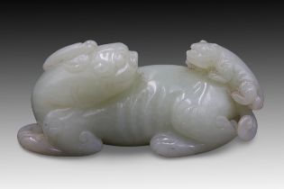 A Chinese Jade Mythical Lion with its Cub. Length: Approximately 7.4cm Private Collector from Bel