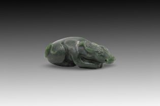 A Chinese Spinach Jade Figure of a Water Buffalo Height: Approximately 3cm Length: Approximately 7