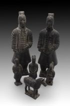 A Chinese Set of Terracotta Soldiers - 2 Larger + 3 Smaller Soldiers + Horse, All Bases with Stamp.