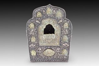 A Tibetan Prayer Box from the 18th- 19th Century made from Copper, Brass and Silver. Height: Approx