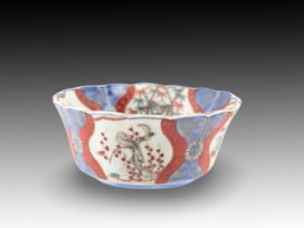A Japanese Bowl from the 19th Century of Bamboo and Birds Design (Blue & White & Red) Height: Appro