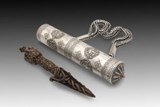 A Tibetan Vajra from the 18th- 19th Century and a Silver Case from the 19th Century with Beautiful T