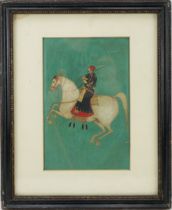 An Indian Miniature Painting of a Prince on a Horse on a Green Background With Frame: Height: Appro