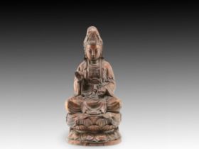 A Chinese Wooden Quanyin Statue from the 19th Century with Beautiful Patina Height: Approximately 2