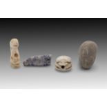 An Ancient Egyptian Mix Lot of 2 Amulets made from Lapis Lazuli and Bone, 1 Terracotta Head and 1 Sc