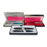 Range of boxed pens with Parker boxed fountain pen and boxed fountain pen with pencil twin set, also